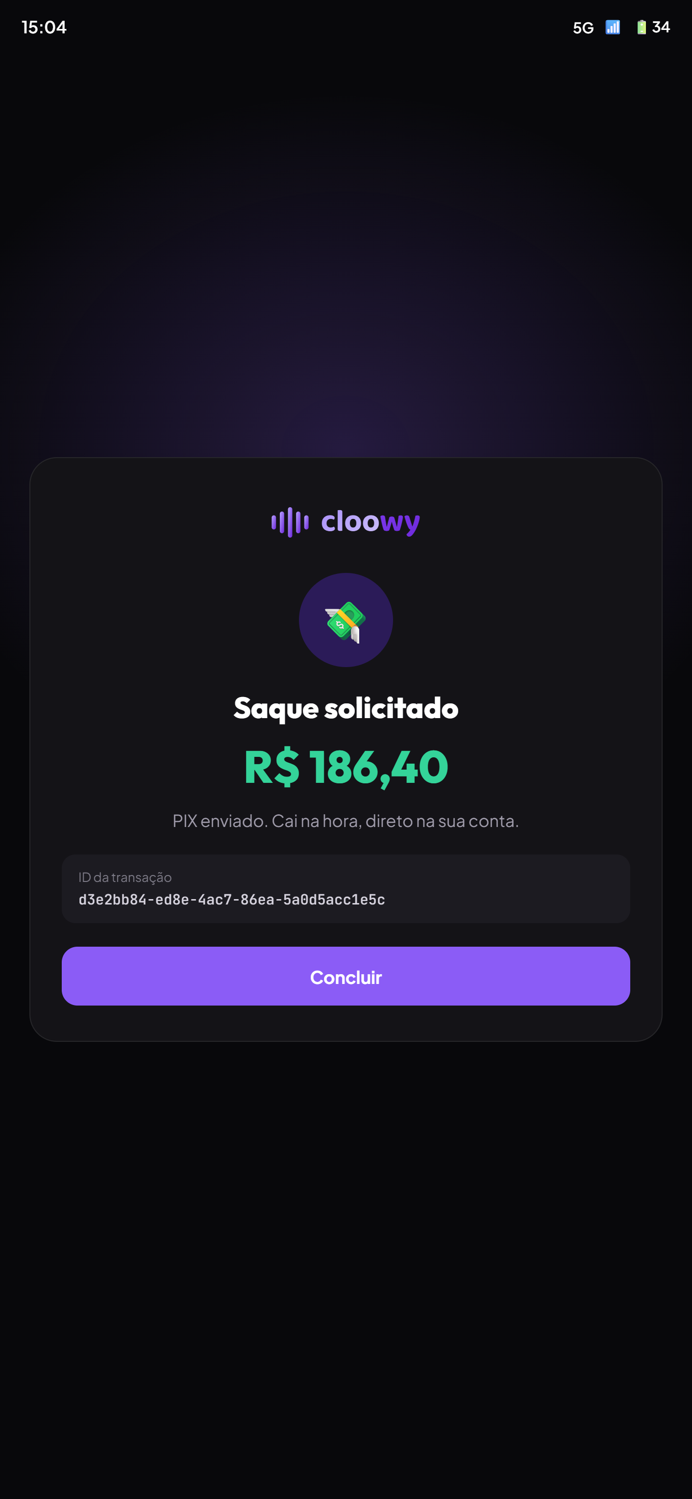 Comprovante de saque via PIX no cloowy: transferência enviada, cai na hora